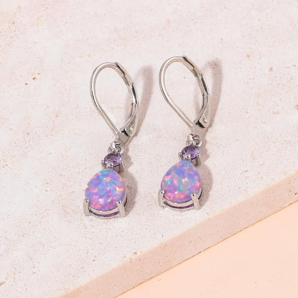 Leverback Opal Dangle Drop Earrings For Women Girls 14K Gold Plated Teardrop Ear - Picture 6 of 7